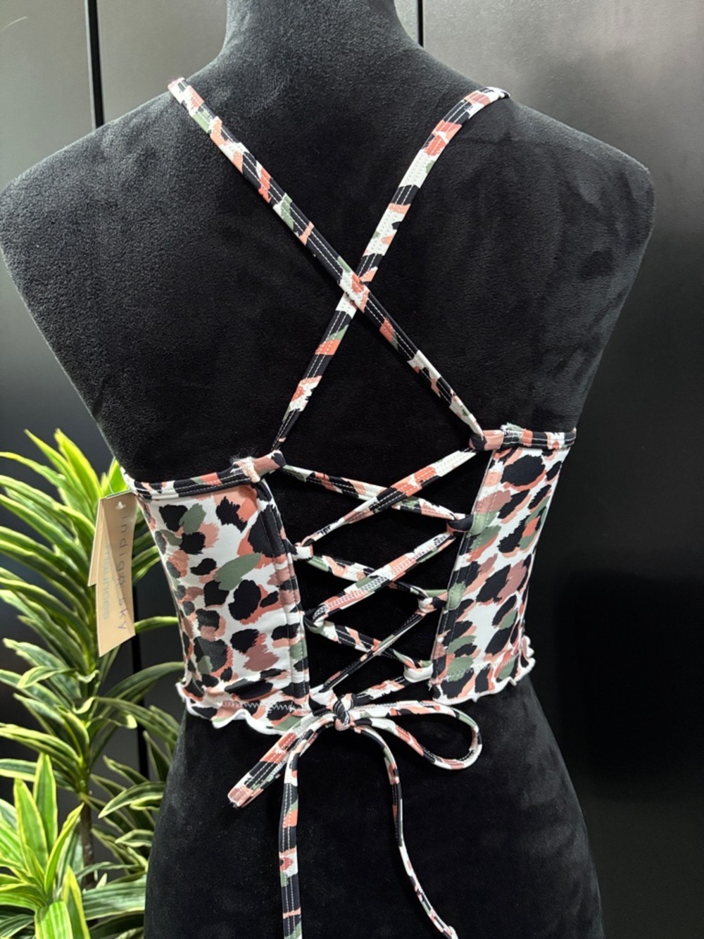 Indigo Sky Crisscross tie back/boning, stretch,lettuce hem,,padded,pattern crop